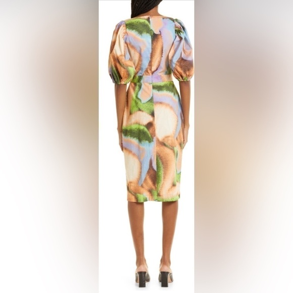 ROTATE Cara Watercolor Print Cutout Puff Sleeve Organic Cotton Dress 8/Medium - Picture 7 of 8